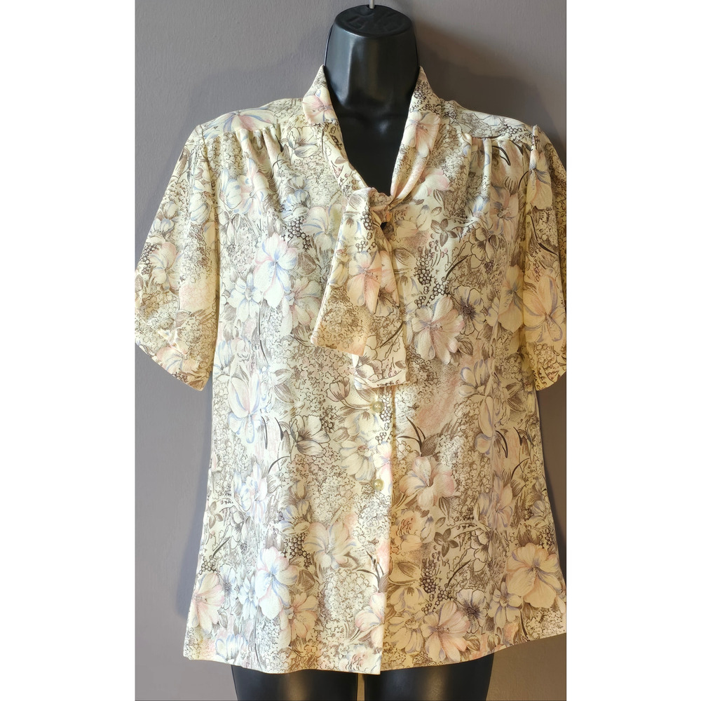 1970s Beige Flower Print Cos Cob Bow Tie Blouse, Size Medium